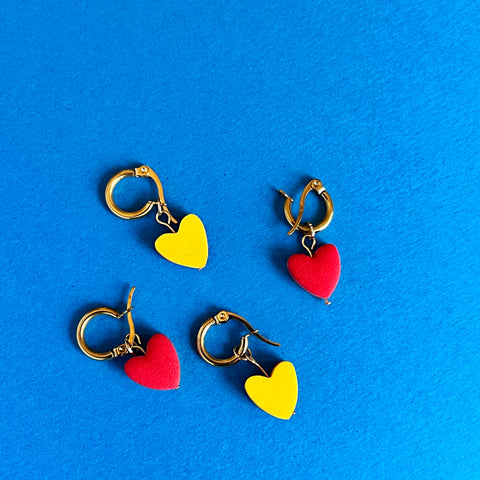 RED AND YELLOW MINI HEART HUGGIE HOOP