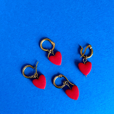 RED AND YELLOW MINI HEART HUGGIE HOOP