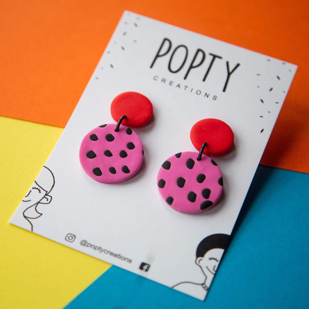 PINK POLKA CIRCLE DANGLES